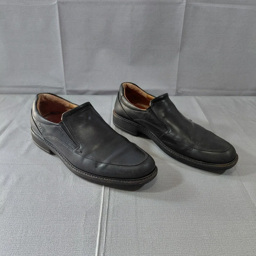 Ecco Holton Mens Leather Slip On Dress Shoe Sz 10 Apron Toe Black Leather Loafer